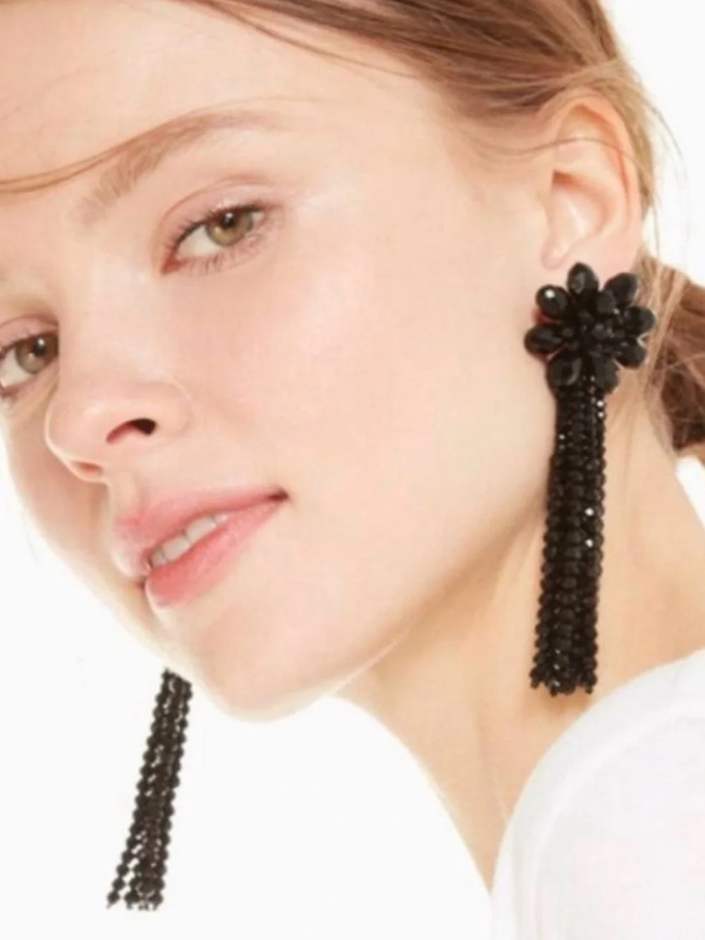 kate spade Black Crystal Floral Flourish Tassel statement Earrings 4”